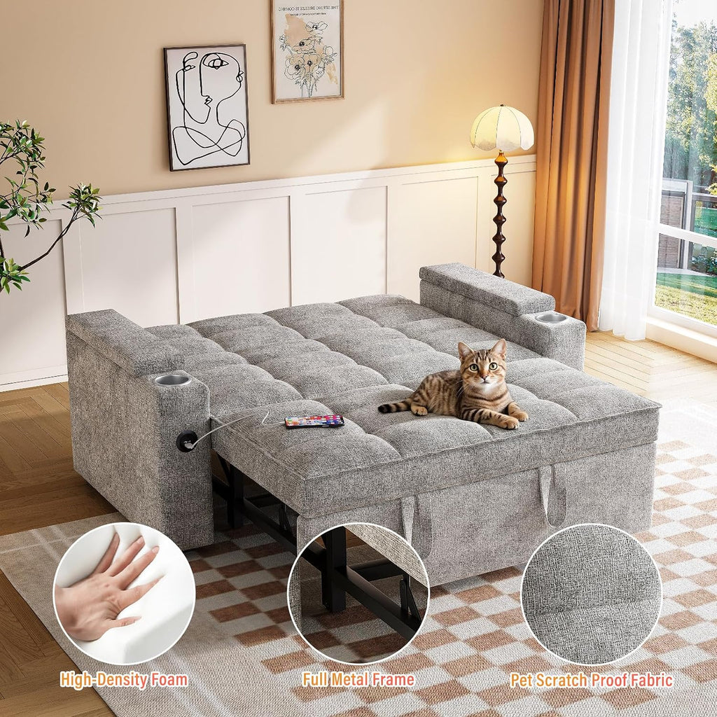 65'' 3-in-1 Convertible Sofa Bed with Adjustable Backrest, Pull Out Sofa, Chenille Couch Sleeper 360° Swivel Side Table, Easy Assembly, for Living Room & Apartments, Gray