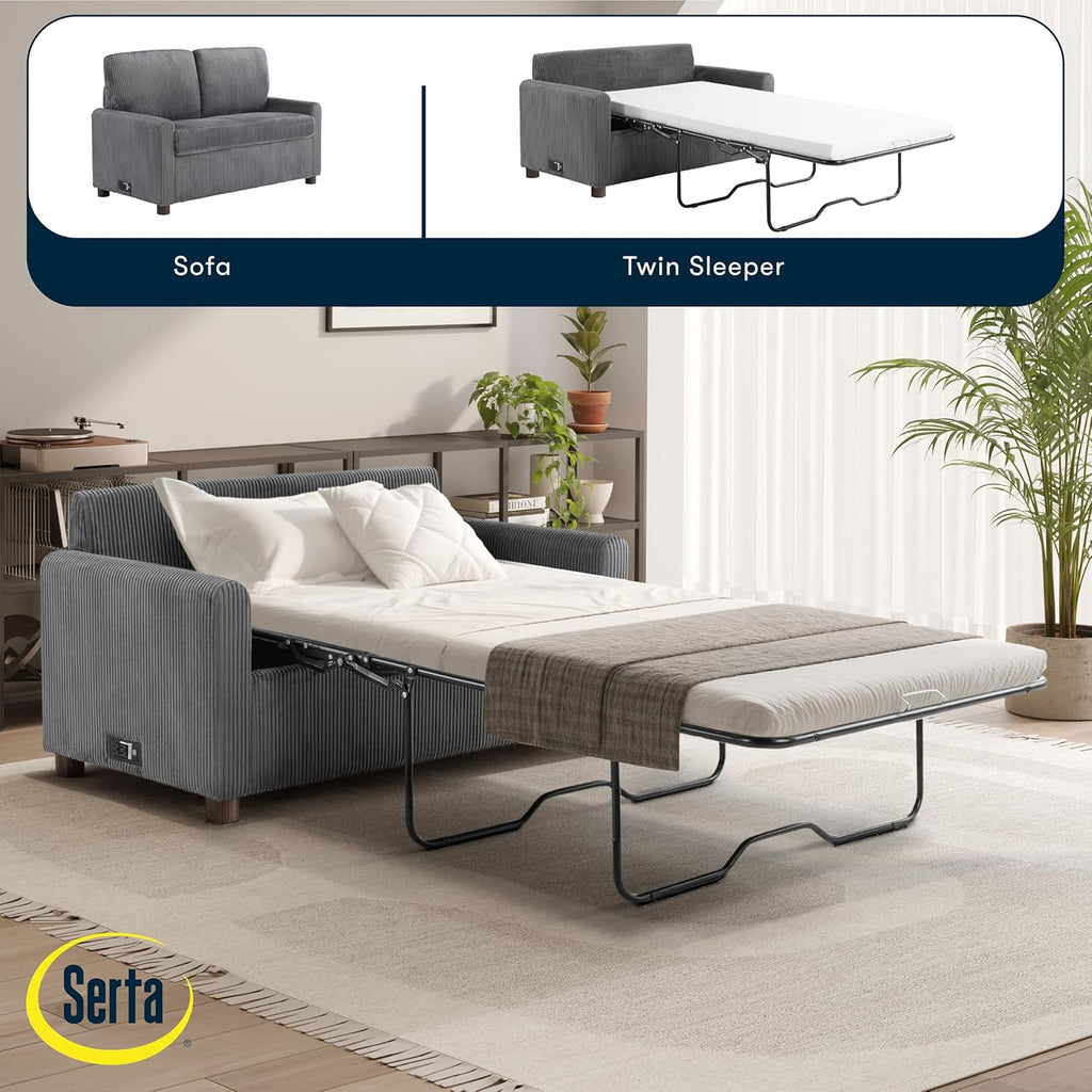 Serta® Darnold 53.5' Pull-Out Sleeper Loveseat, Twin Size, Dreamcoil® Comfort, Memory Foam Pull-Out Mattress, USB-C and USB-A Power Ports, Soft Corduroy Fabric, Grey