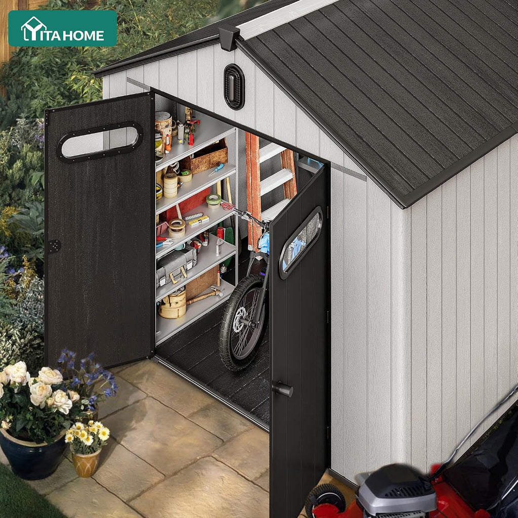 YITAHOME 8x10ft Resin Storage Shed, Extra Thick Outdoor Plastic Garden Storage Unit with Oval Vision Windows & Lockable Doors, 16mm Heavy Duty Waterproof Tool Sheds with Floor for Lawn Equipment, Gray