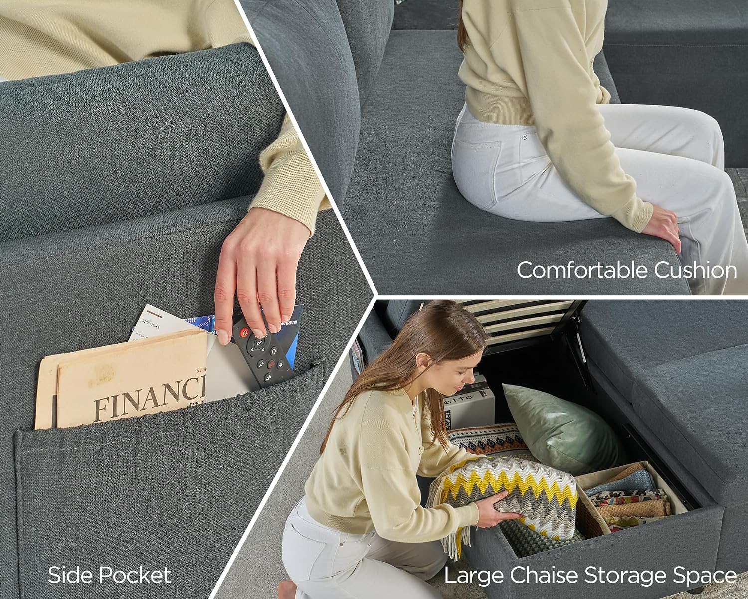 PaPaJet Sofa Bed, 112 Inch Sleeper Sofa, Oversized U Shaped Couch with Storage Chaise, Pull Out Couch for Living Room, Chenille Gray