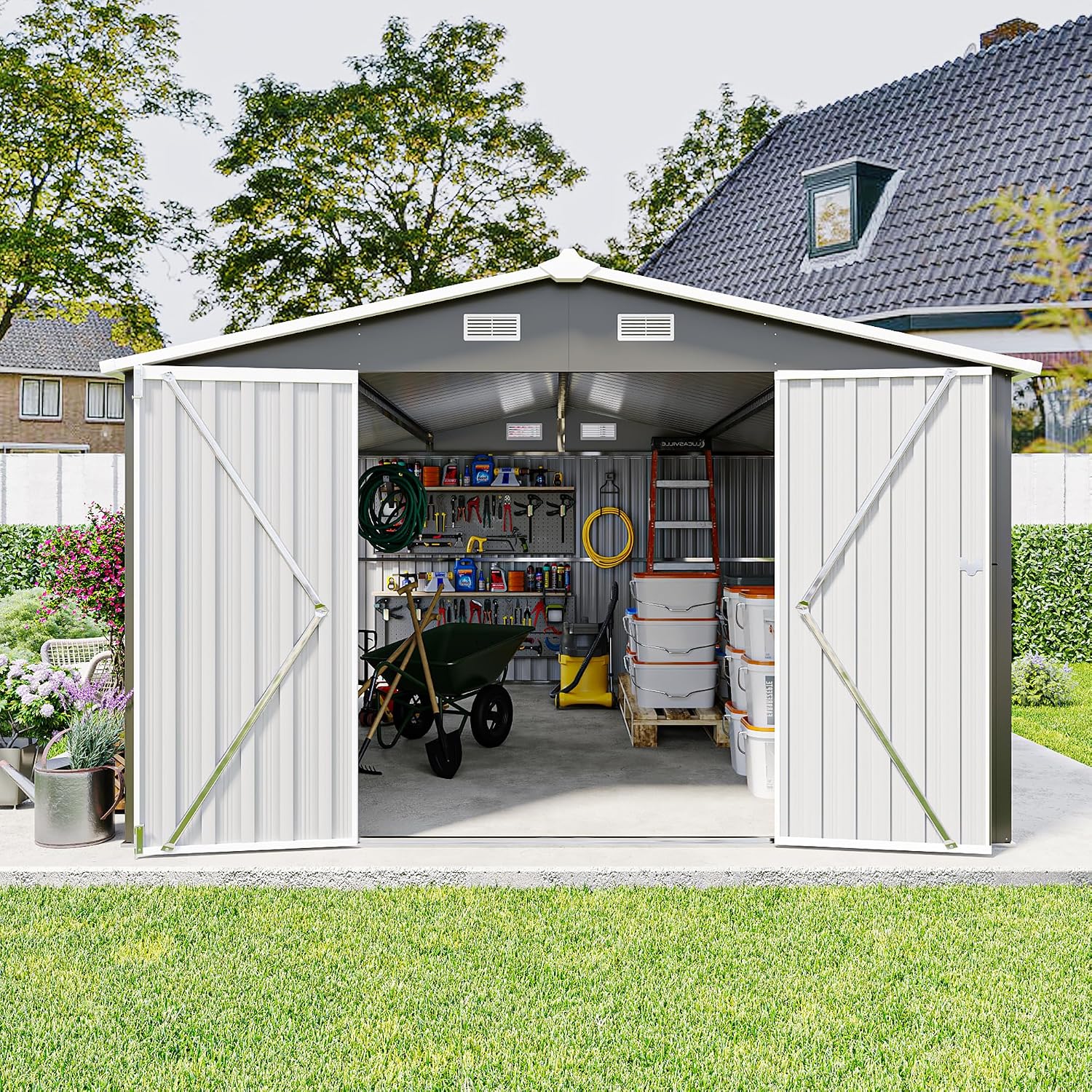 YOPTO 10x14 FT Outdoor Storage Shed, Extra Large Metal Garden Shed with Waterproof Roof, 4 Vents and 3 Lockable Doors,All-Weather Tool Shed Storage House for Backyard, Patio, Lawn,Dark Grey