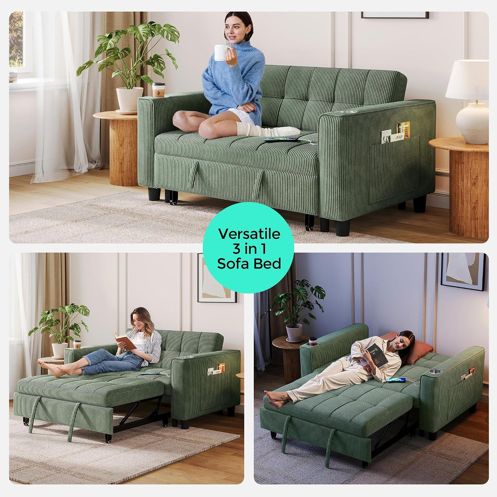 LINSY 3-in-1 Convertible Sofa Bed, 54' Pull Out Sleeper Sofa with Charging Station & Cup Holder, Small Corduroy Couch Folding Loveseat with Side Pocket for Small Space, Green