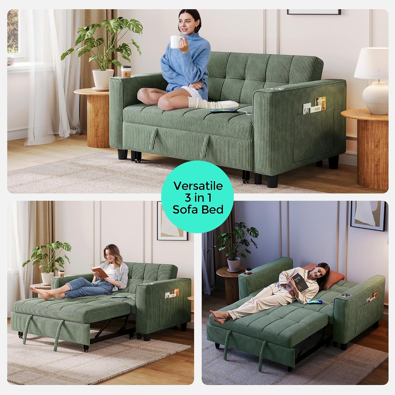 LINSY 3-in-1 Convertible Sofa Bed, 54' Pull Out Sleeper Sofa with Charging Station & Cup Holder, Small Corduroy Couch Folding Loveseat with Side Pocket for Small Space, Green