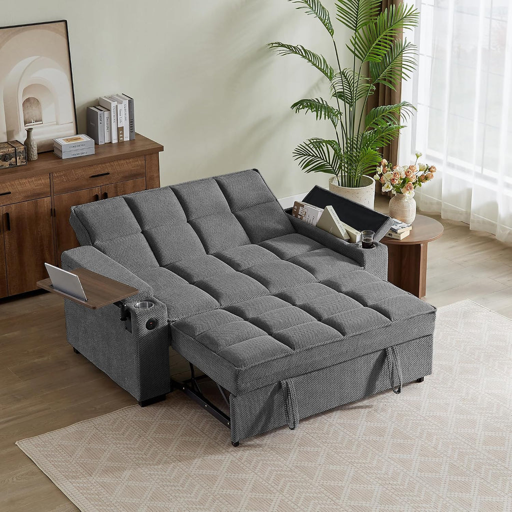 Auvsoce 65'' Chaise Lounge Chair Indoor, 3-in-1 Convertible Sofa Bed with Pull-Out Design, 360° Swivel Side Table, Modern Granular Velvet Couch Bed for Living Room, Small Space & Apartment-Friendly