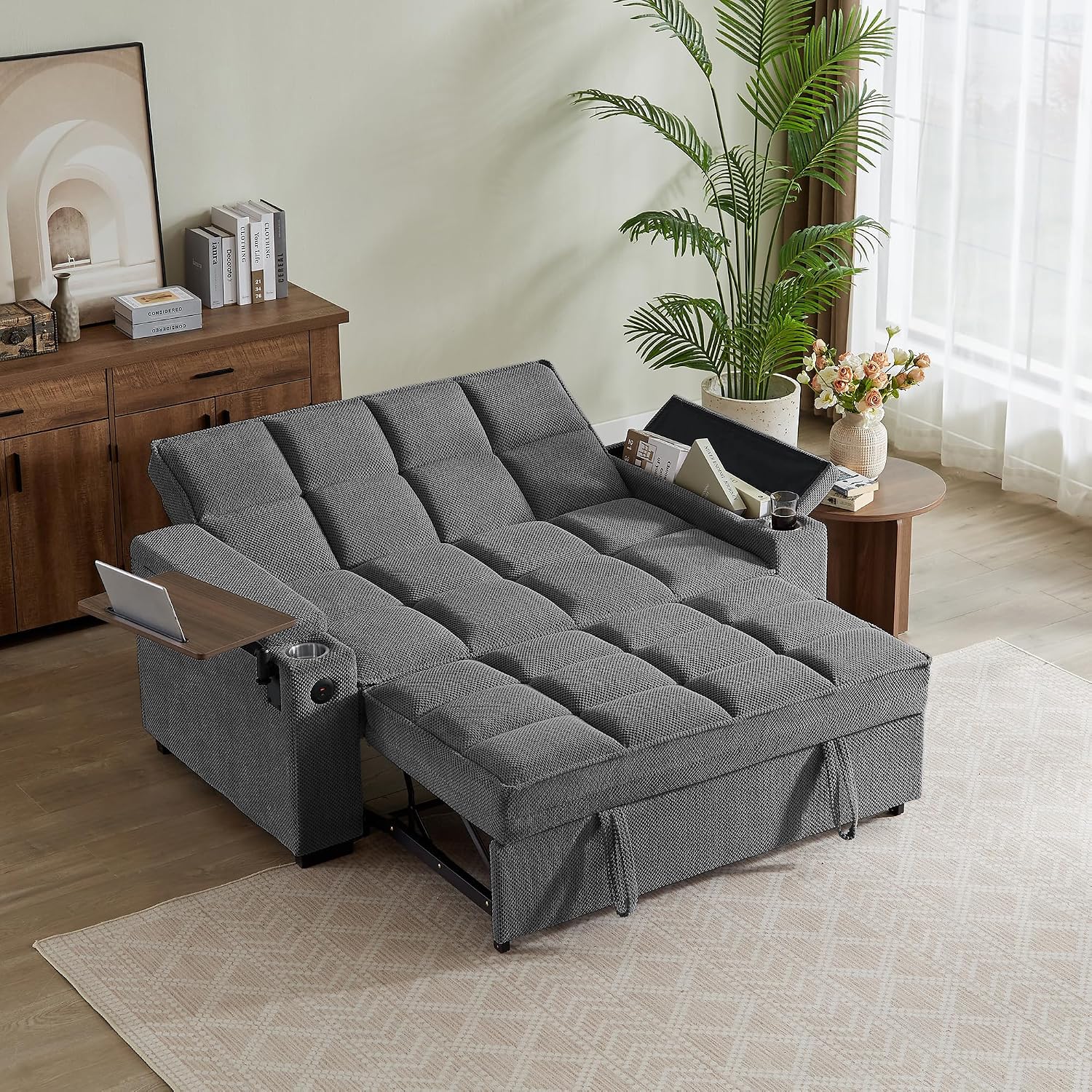 Auvsoce 65'' Chaise Lounge Chair Indoor, 3-in-1 Convertible Sofa Bed with Pull-Out Design, 360° Swivel Side Table, Modern Granular Velvet Couch Bed for Living Room, Small Space & Apartment-Friendly