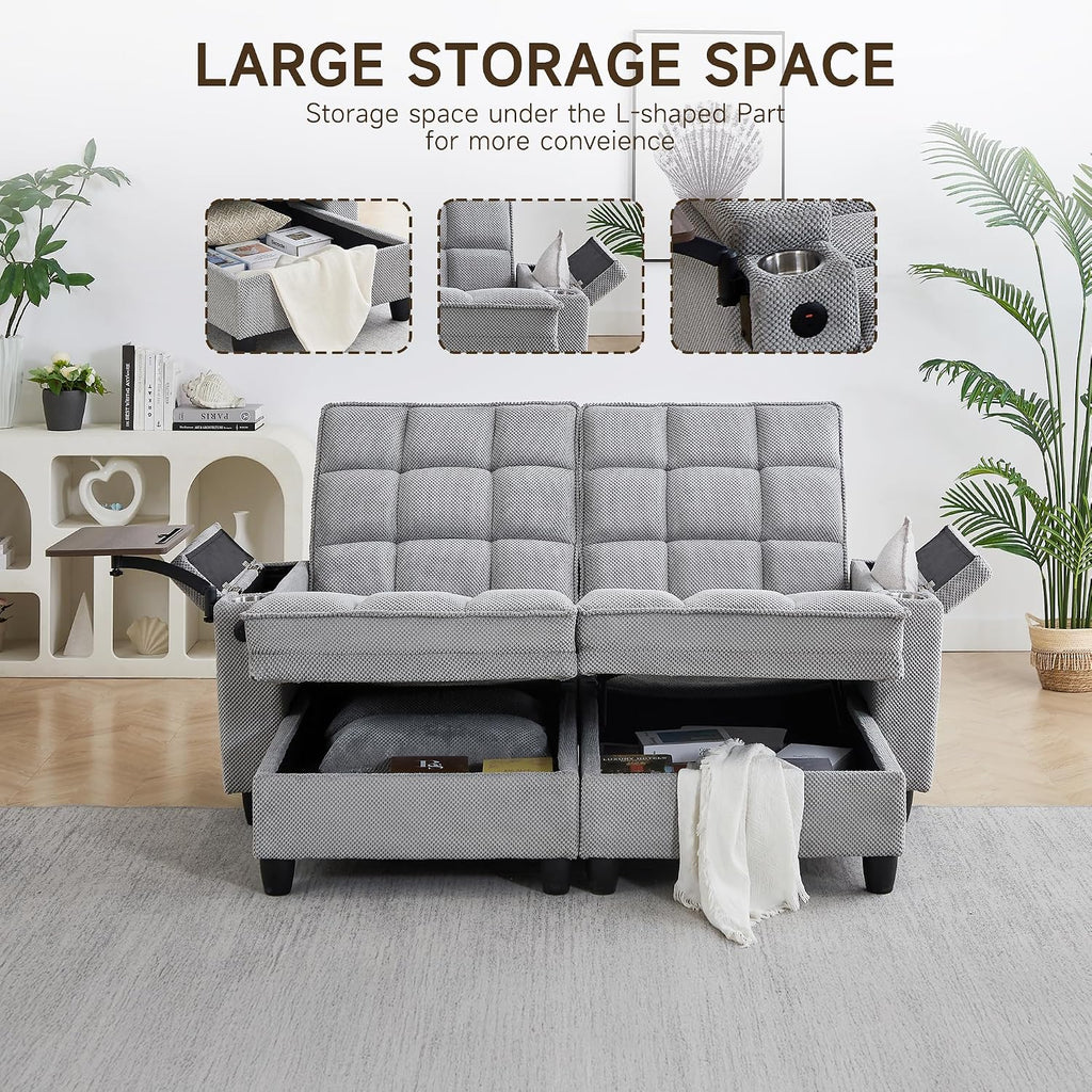 70.9'' Double Chaise Lounge with 360 degree rotatable side table, Comfy Corduroy Indoor Lounge Chair with Armrest Storage, Cup Holder, USB Port, and Pillow for Living Room or Bedroom (light gray)