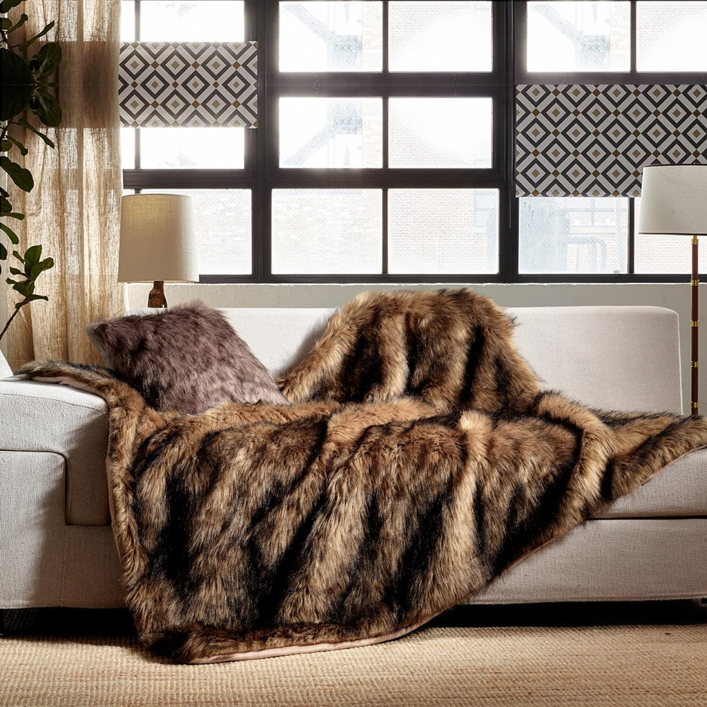 Luxury Plush Faux Fur Blanket Queen Size, Long Pile Brown with Black Tips, Oversized Super Warm, Fuzzy, Elegant, Fluffy Decoration Throw Blanket for Sofa, Armchair, Couch and Bed, 90'x90'