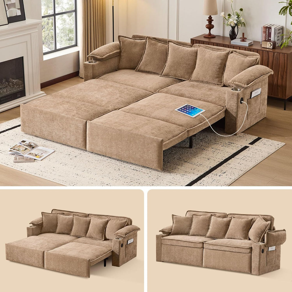 SUNWAVE 83' King Size Pull Out Sofa Bed, 4-in-1 Convertible Sleeper Sofa Bed with USB Ports, Cup Holders, Side Pockets, Corduroy Oversized Loveseat Chaise Lounge for Living Room, Small Space