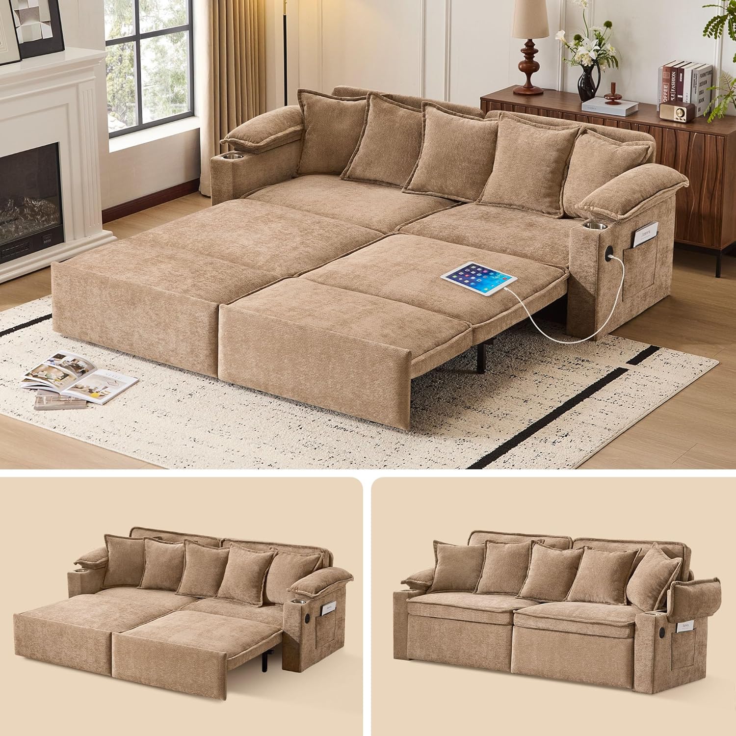 SUNWAVE 83' King Size Pull Out Sofa Bed, 4-in-1 Convertible Sleeper Sofa Bed with USB Ports, Cup Holders, Side Pockets, Corduroy Oversized Loveseat Chaise Lounge for Living Room, Small Space