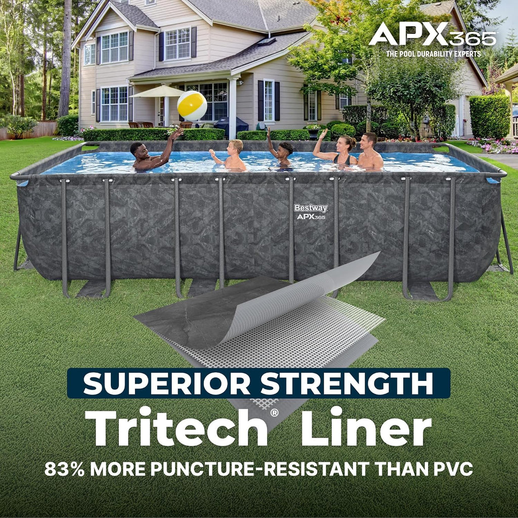 Bestway APX 365 18' x 9' x 52' Above Ground Pool, Rectangular Metal Frame Outdoor Swimming Pool Set with Sand Filter Pump, Ladder, and Cover, Dark Marble