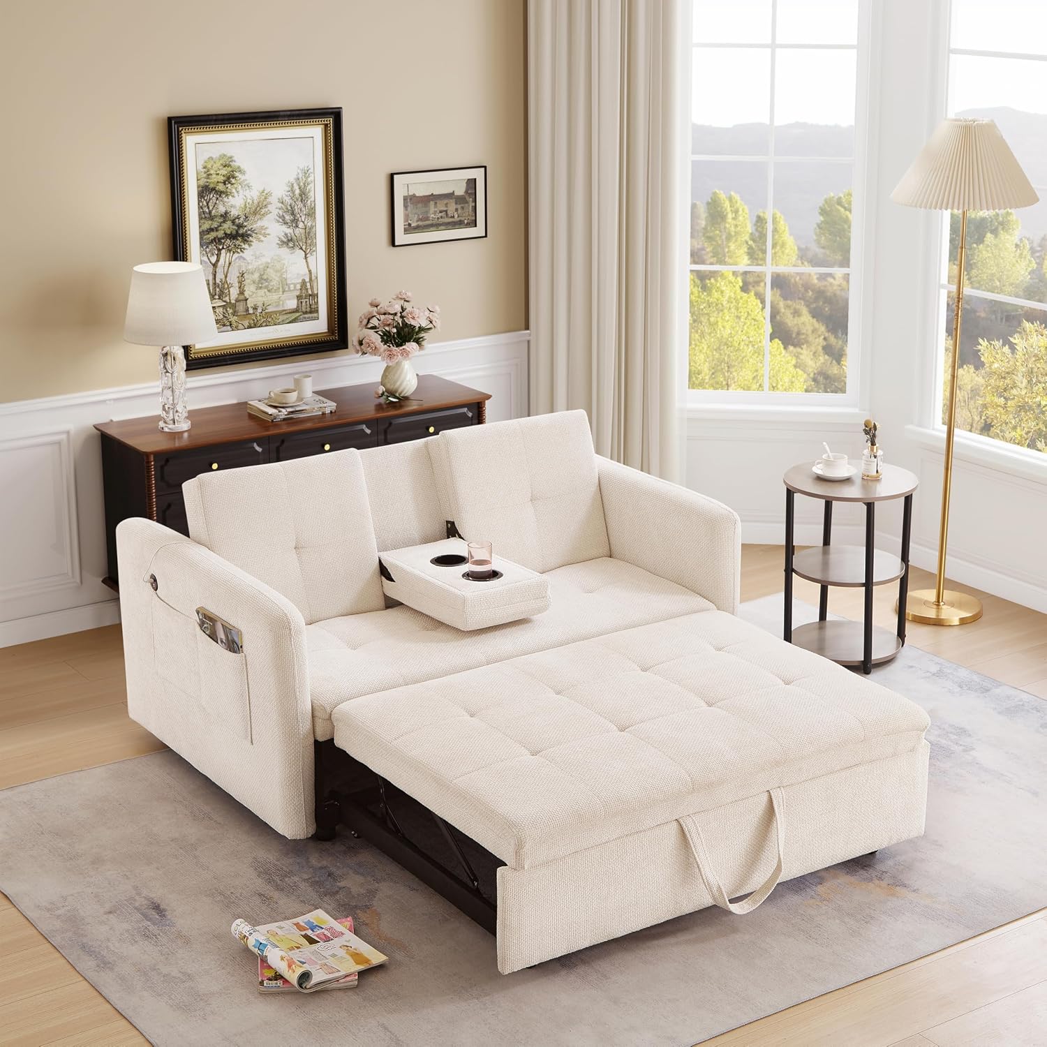 57.48' Convertible Sofa Bed with Cup Holder, Pull Out Sleeper Sofa Bed with USB Charging Ports, 3 in 1 Convertible Sleeper Sofa Bed for Living Room, Apartment, Bedroom, RV, Beige