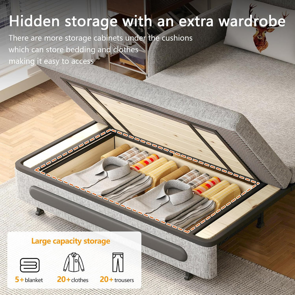 Versatile Pull-Out Sofa Bed – Compact Futon Couch for Small Spaces, Gray/White, 34.25' D x 59.84' W x 37.4' H, Ideal for Living Room & RV (61.61')