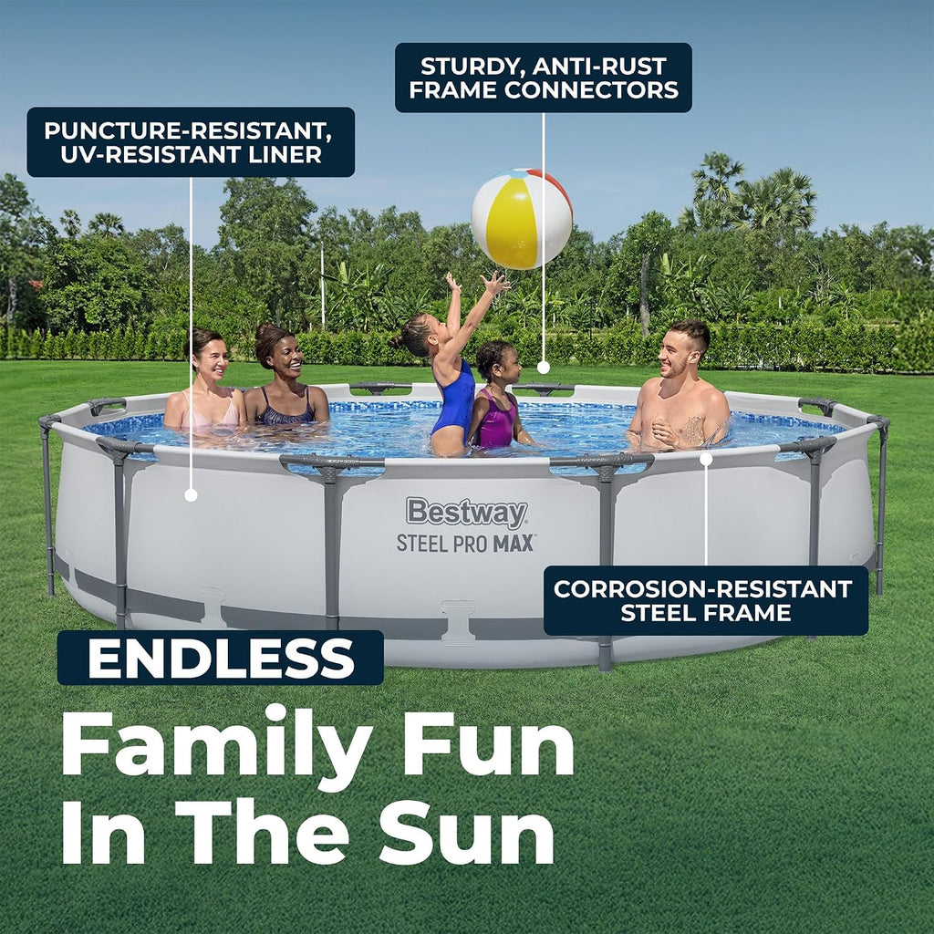 Bestway Steel Pro MAX 12' x 30' Above Ground Pool, Round Metal Frame Outdoor Swimming Pool Set with Filter Pump & Type III A/C Cartridge, Gray