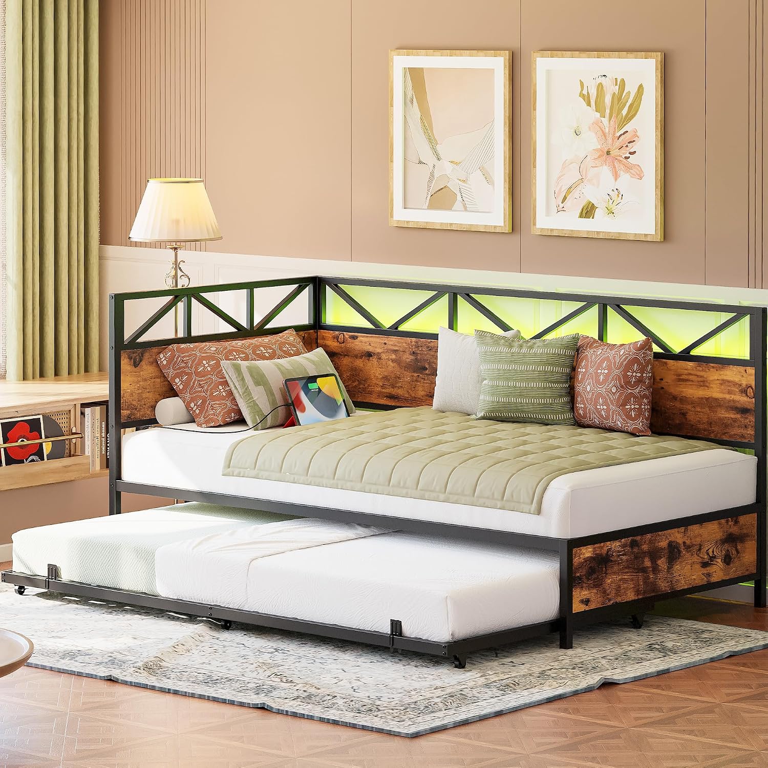 LIKIMIO Daybed with Trundle, Sofa Day Bed with Charging Station and LED Lights, Trundle Bed Twin with Strong Supports for Living Room, Bedroom and Guest Room