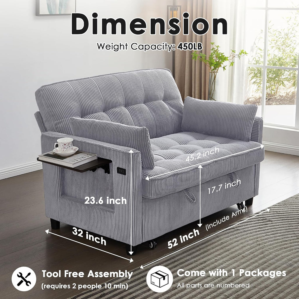 Sleeper Sofa Bed, 55'' Convertible Pull Out Couch with Small Table| USB Port | Side Pockets | Corduroy Fabric | Adjustable Backrest for Apartment, Office, Bedroom, Guest Room(LightGray)