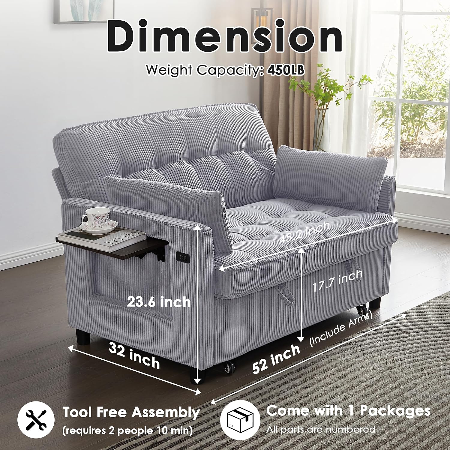 Sleeper Sofa Bed, 55'' Convertible Pull Out Couch with Small Table| USB Port | Side Pockets | Corduroy Fabric | Adjustable Backrest for Apartment, Office, Bedroom, Guest Room(LightGray)