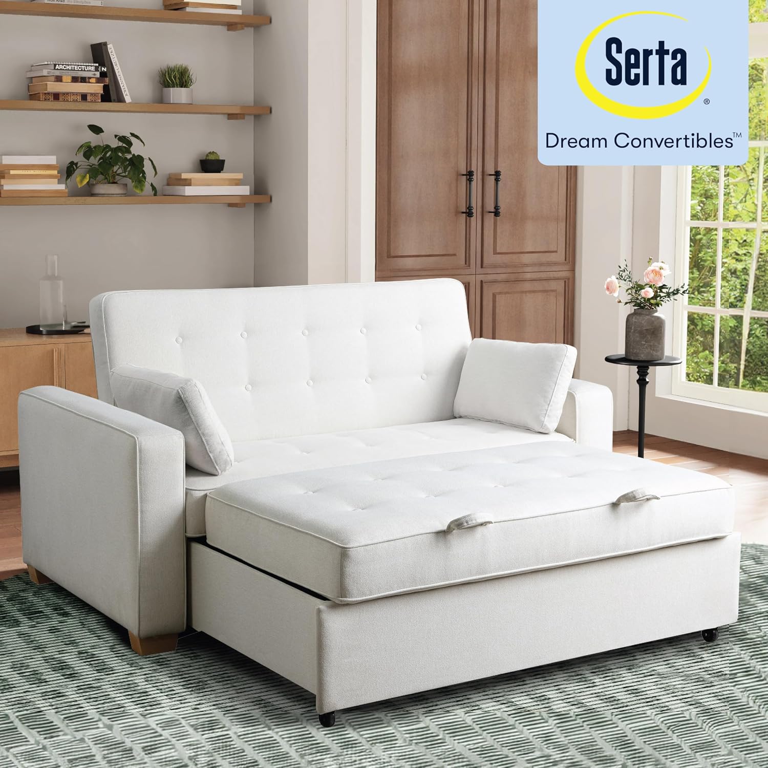 Serta® Ainsley Convertible Loveseat Sleeper Sofa – 3-in-1 Loveseat, Lounger & Queen-Size Sofa Bed, Pull-Out Sleeper Couch with DreamCoils®, Easy Assembly, Oyster Fabric