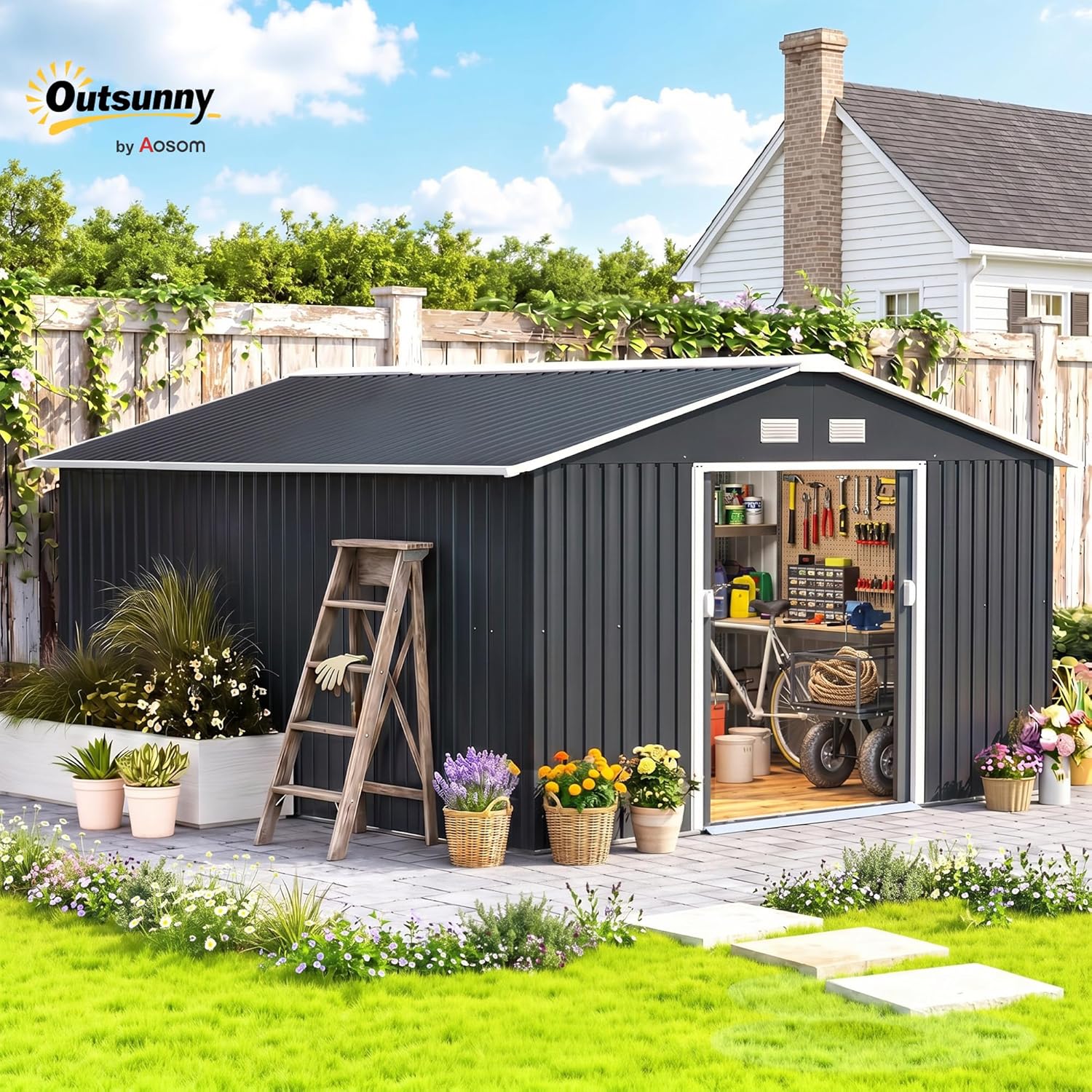 Outsunny 11' x 13' Outdoor Storage Shed, Garden Tool Metal Shed with Foundation Kit, Double Lockable Door, Air Vents and Sloping Roof, for Backyard, Patio, Lawn, Dark Gray