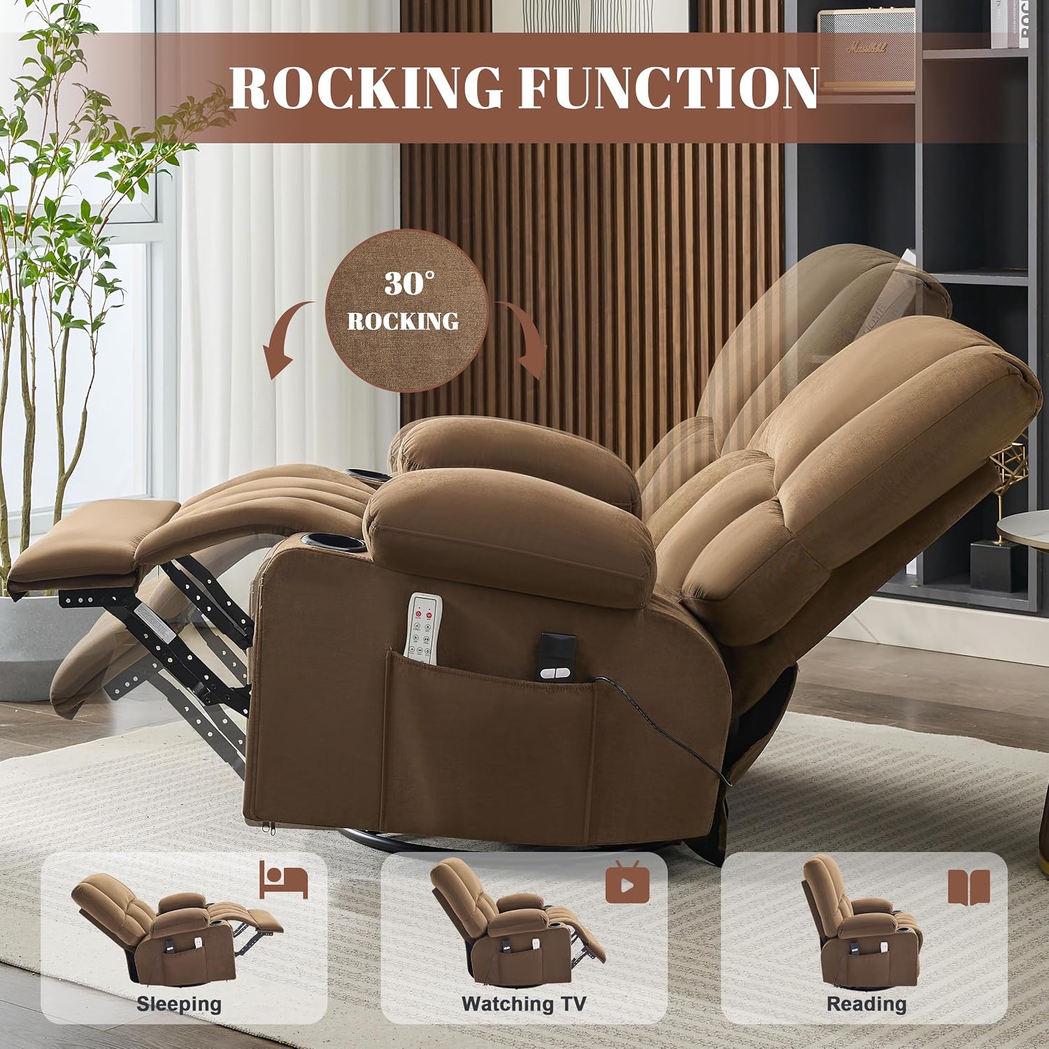 Rocker Recliner Chair with Heat and Massage, 360° Swivel Recliner Chairs for Adults, Oversized Recliner Single Sofa Seat with Cup Holders, Lazy Boy Recliner Single Sofa (Electric, Brown)