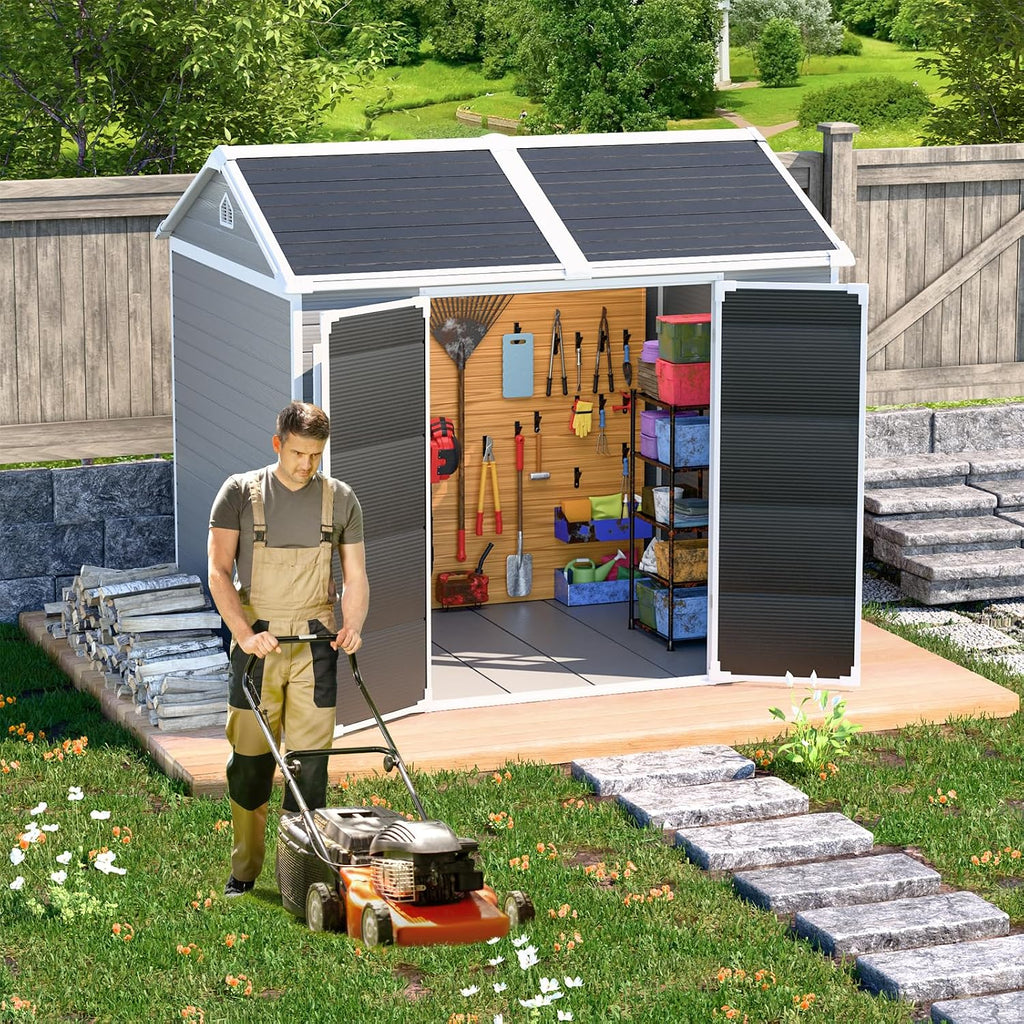 Outdoor Resin Storage Shed 8x6x7 FT with Floor 2 Windows, Reinforced Frame Large Waterproof Plastic Garden Sheds Kit with Base for Backyard Patio Lawn Tools Storage, Gray