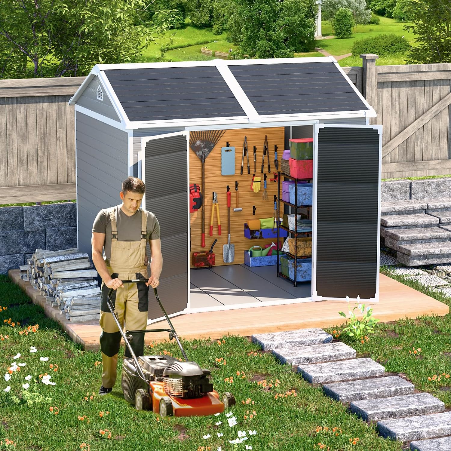 Outdoor Resin Storage Shed 8x6x7 FT with Floor 2 Windows, Reinforced Frame Large Waterproof Plastic Garden Sheds Kit with Base for Backyard Patio Lawn Tools Storage, Gray