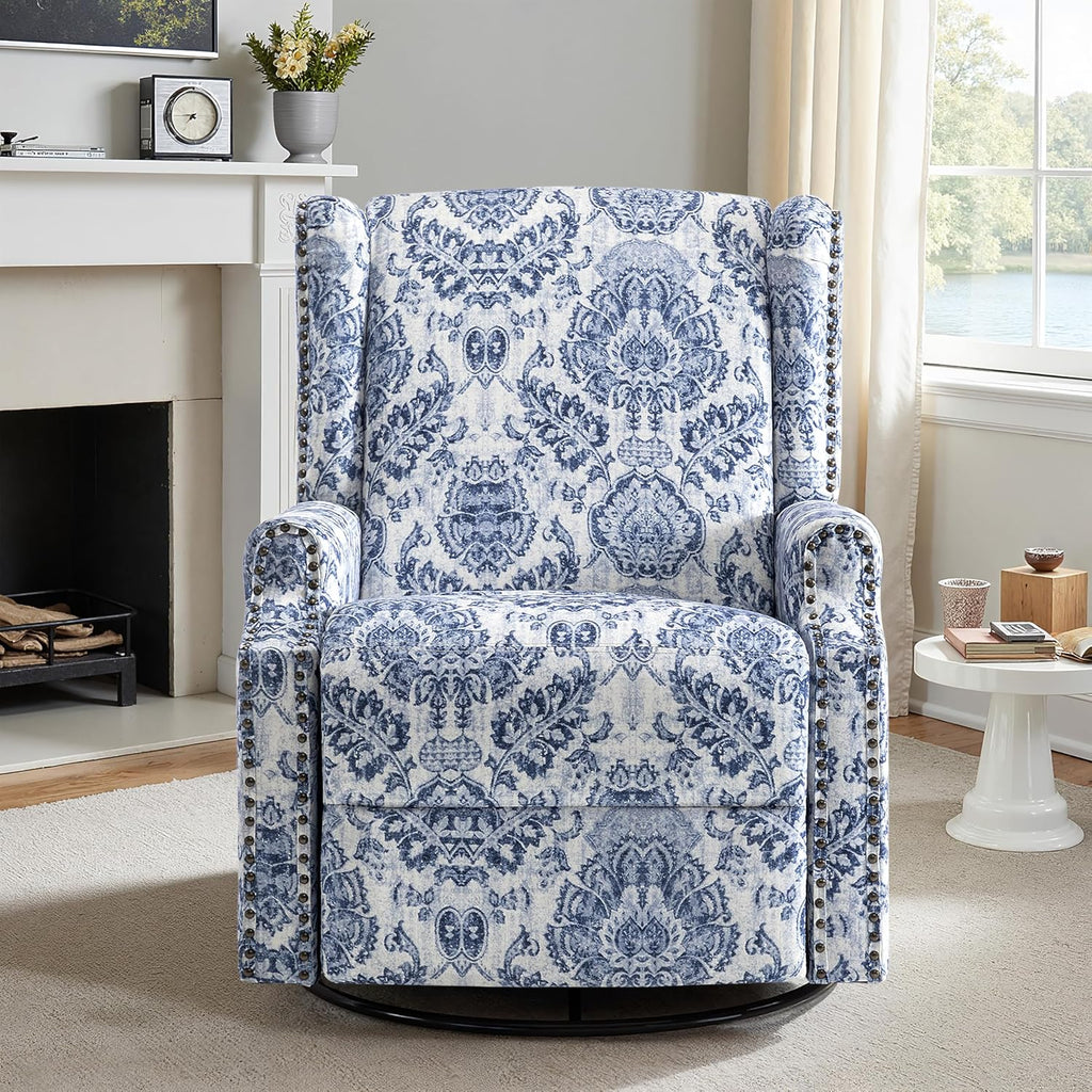 Lumibee Swivel Rocker Recliner Chair, Set of 2 Printed Fabric Swivel Glider Rocking Chair with High Back, Upholstered Deep Seat Wingback Recliner Chair for Living Room Bedroom, Navy