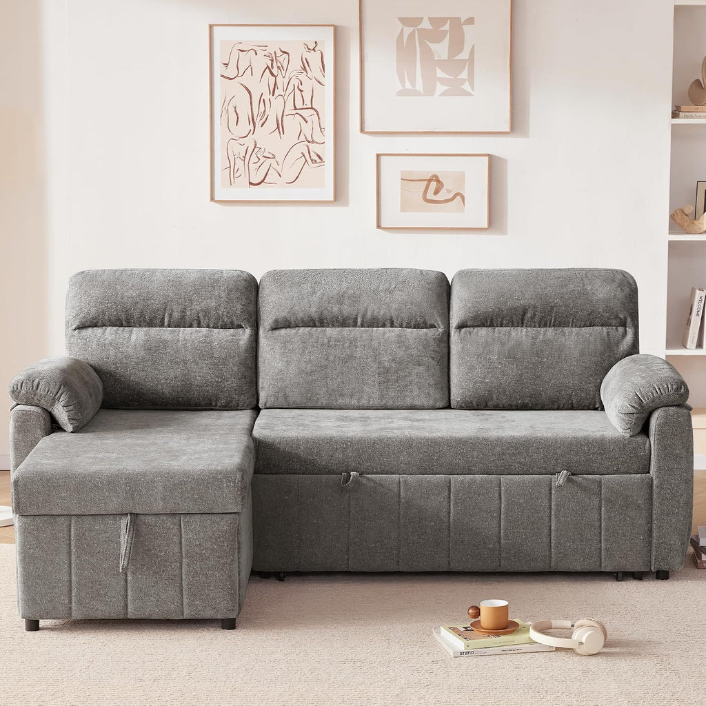 Tbfit 84'' Sleeper Sofa Bed, 3 in 1 Cloud Pull Out Sofa Couch with USB & Storage Chaise, Chenille Convertible Sofa Bed with Pull Out Bed, Couches for Living Room, Apartment, Office, Light Grey