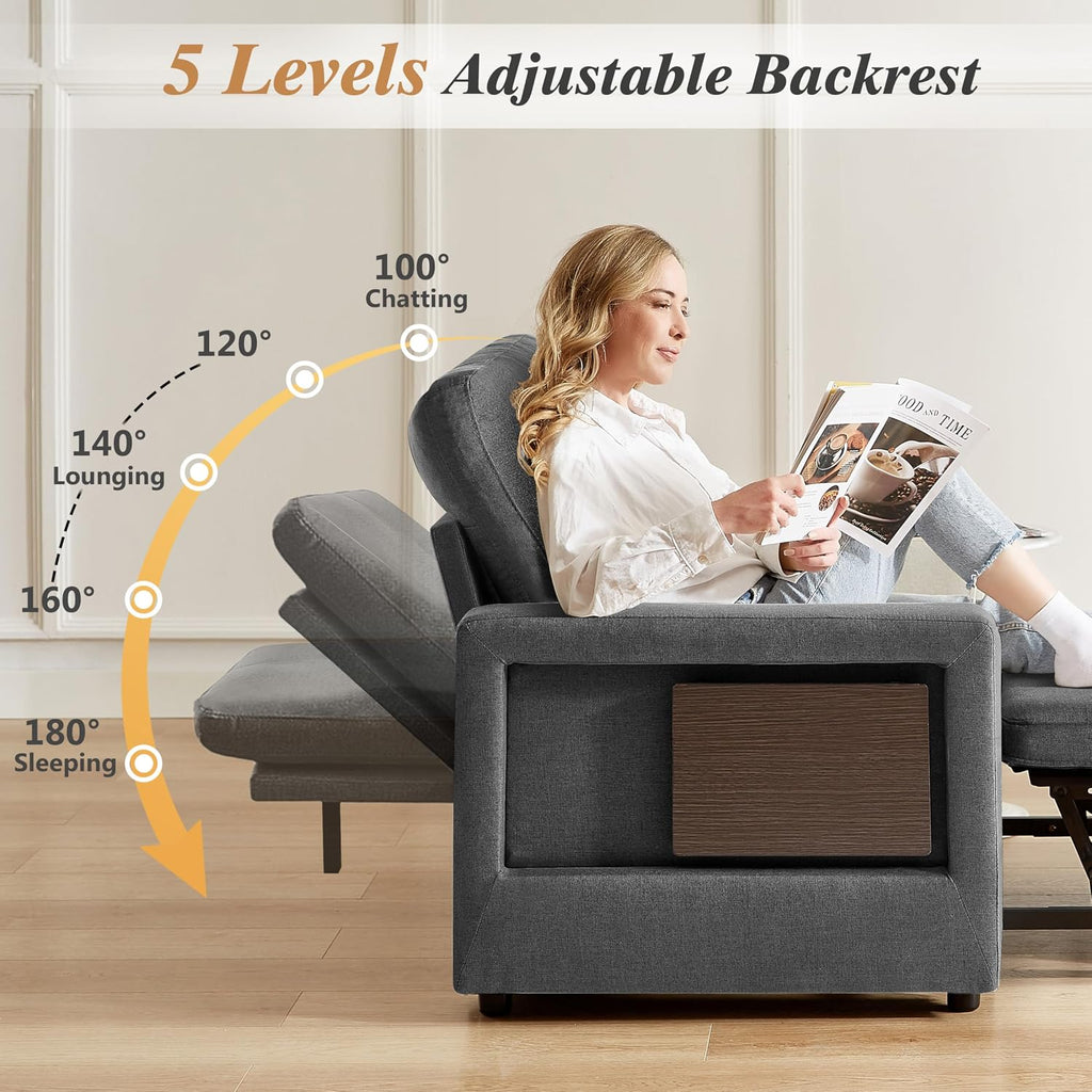 WEUP 42.5' Sleeper Chair Bed, 3-in-1 Convertible Reclining Sofa Chair with Pull Out Couch Bed, Adjustable Backrest, Side Pockets, Cup Holder, USB Ports & Wing Table, Premium Dark Gray