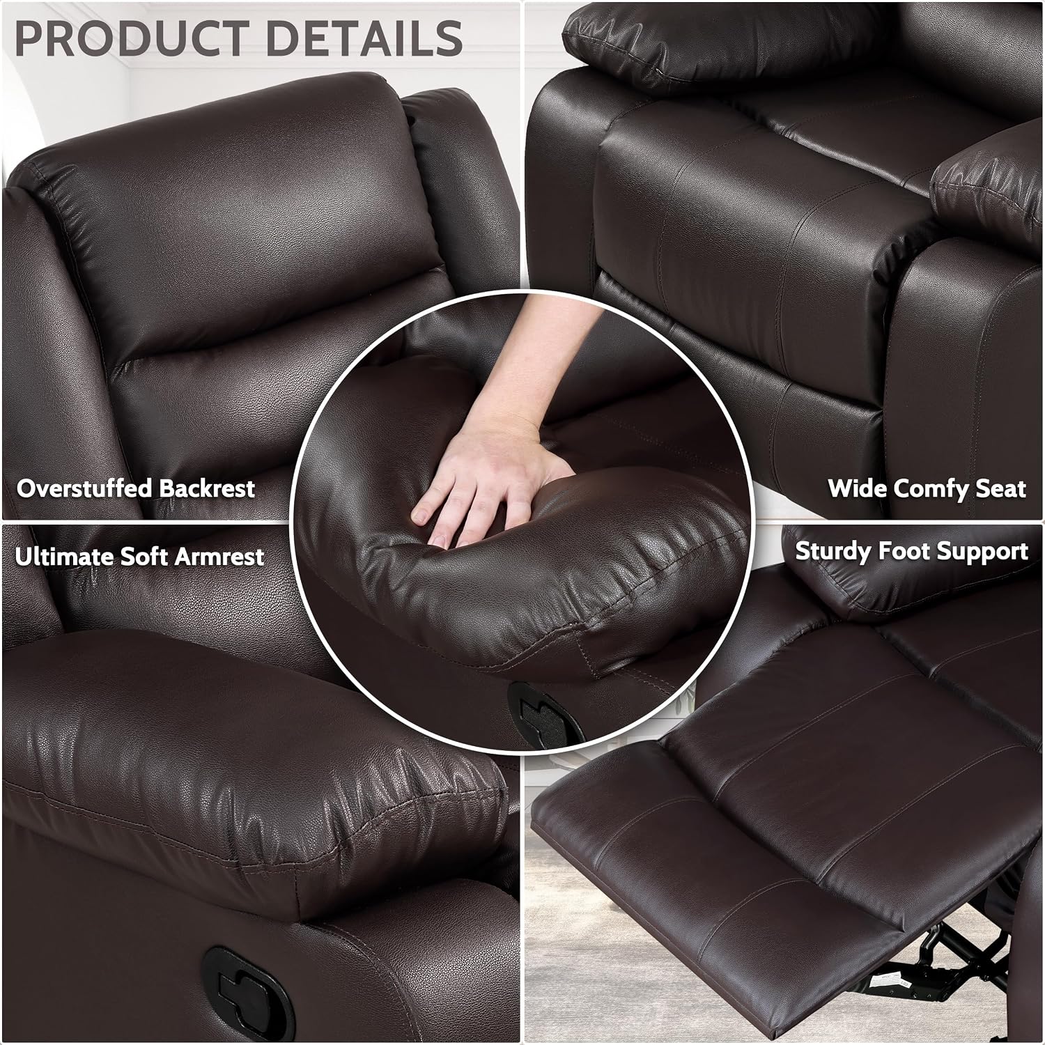 PrimeZone Oversized Rocker Recliner Chair - Comfy Wide Lazy Boy Recliner Chair with Overstuffed Armrest, Faux Leather Manual Reclining Chairs for Living Room, Bedroom, Home Theater, Brown Set of 2