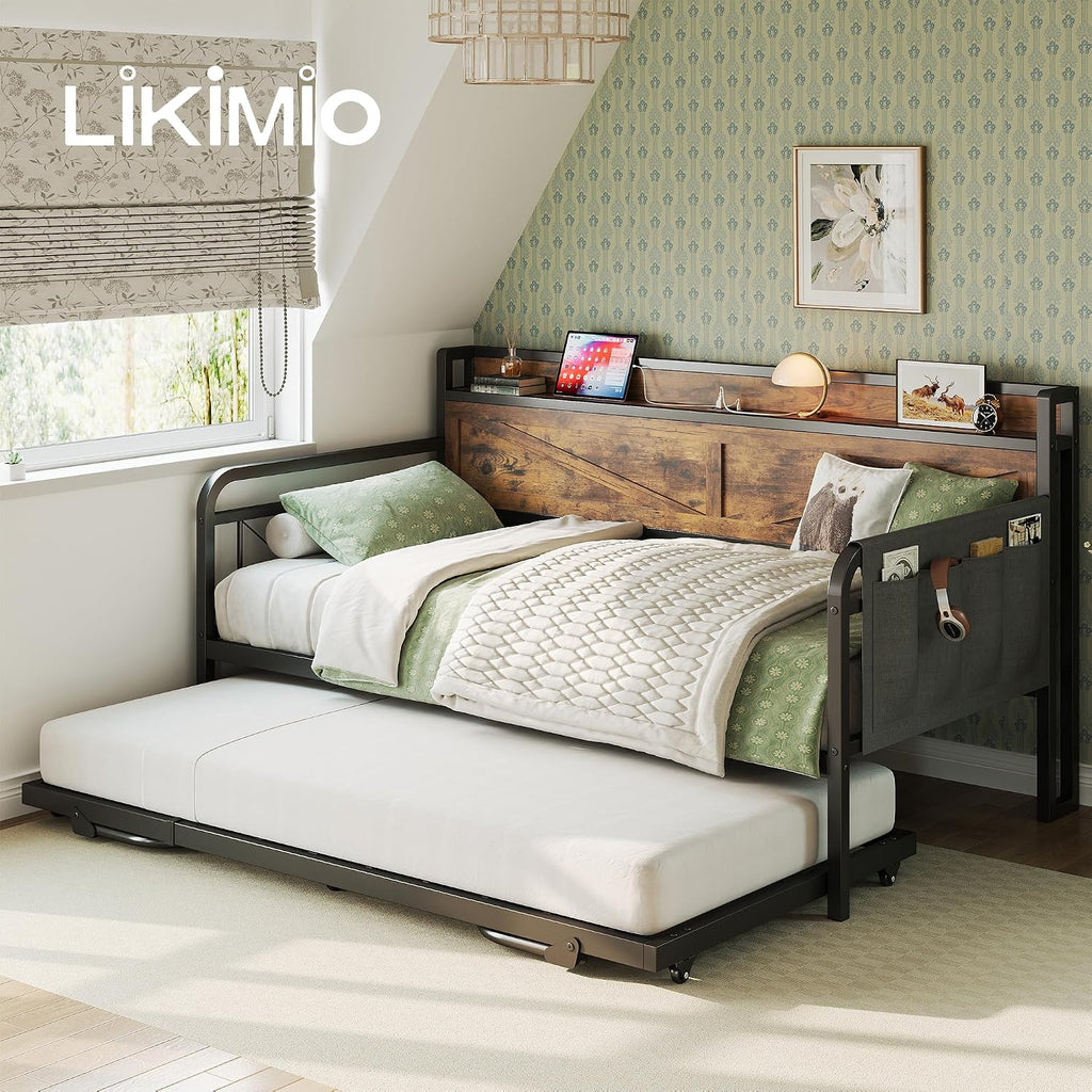 LIKIMIO Twin Daybed, Daybeds with Pop Up Trundle, Storage Headboard with Charging Station, Strong Supports for Apartment and Other Small Space, Industrial Brown