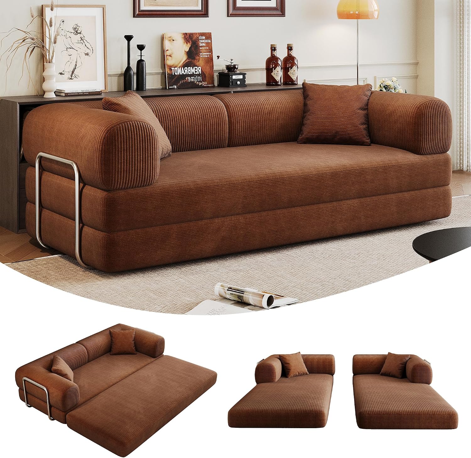 79' Convertible Sofa Bed, Corduroy Folding Pull Out Couch with Pillows, No Assembly Modern Boneless Couch Compression Sofa in Box, Floor Sofa with Support Rods for Living Room,Brown