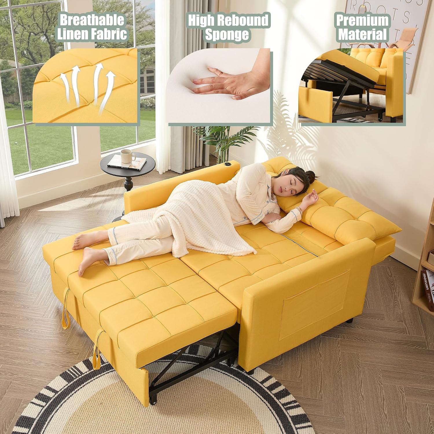 GOSUHI 52' Sleeper Sofa with Pull-Out Bed, 3-in-1 Convertible Sofa Bed, Set of Loveseat with Stepless Adjustable Backrest and Side Pocket, for Living Room Dorm Apartment, Linen, Yellow