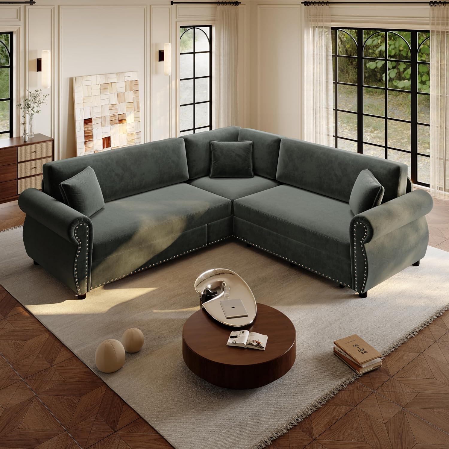 88.2' Sectional Sleeper Sofa with Pull Out Bed - Oversize L-Shaped Convertible Sleeper Couch Bed, Button Tufted Chesterfield Sofa, Chenille Vintage Couches for Living Room(4-Seater, Dark Grey)
