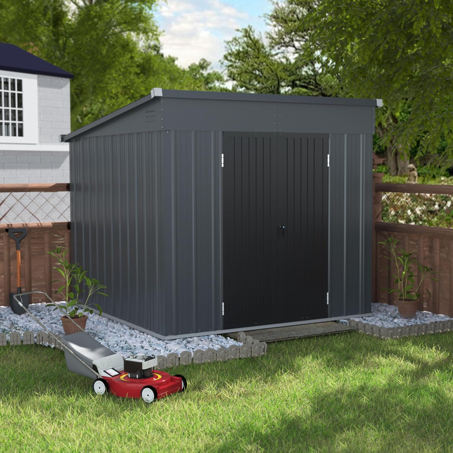 BlueWish 7'x8' Metal Storage Shed, Outdoor Storage Shed with Sloped Galvanized Roof, Patio Utility Tool Shed Storage House with 2 Vents for Backyard and Garden, Gray