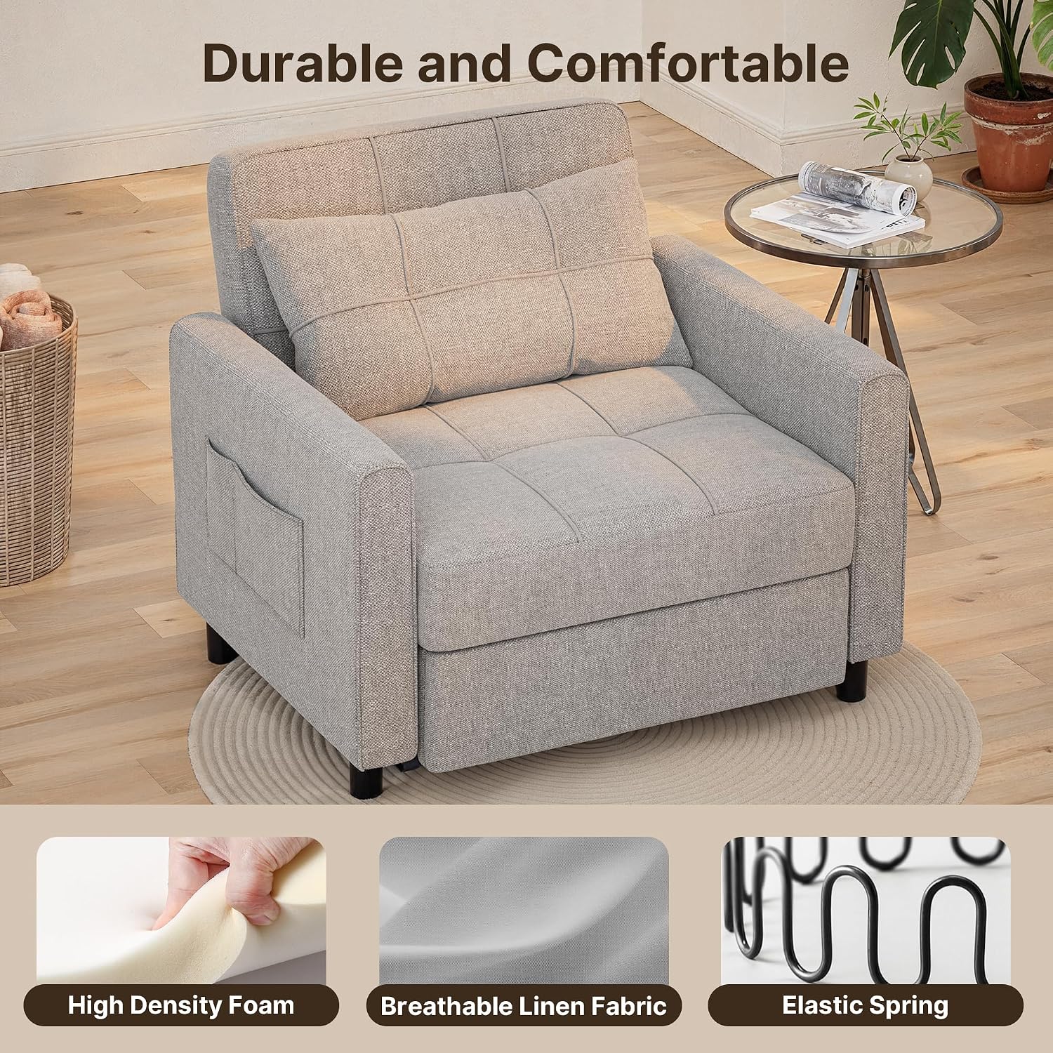Gizoon Sofa Bed Chair 3 in 1 Convertible, Pullout Single Sleeper Chair Bed with Adjustable Backrest, Spacious Multifunctional Sofa Couches for Living Room, Bedroom, Apartment
