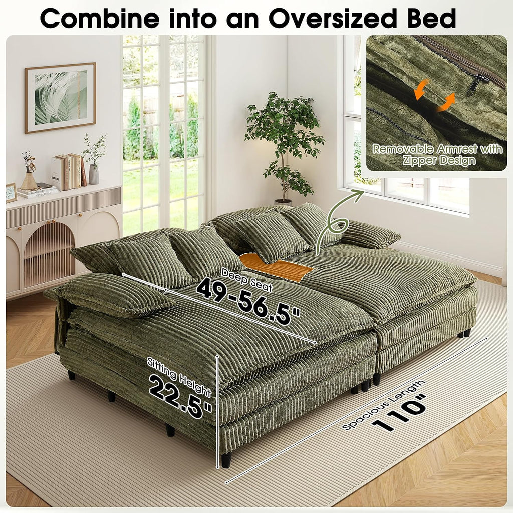 WESTSETLUX 54.8' W Oversized Chaise Lounge Chair Indoor with 5-Position Adjustable Backrest, Corduroy Sleeper Sofa Bed with 3 Pillows, Modern Cloud Couch Chair for Living Room, Bedroom, Green