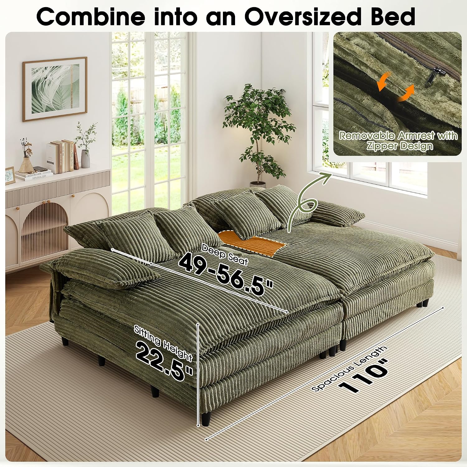 WESTSETLUX 54.8' W Oversized Chaise Lounge Chair Indoor with 5-Position Adjustable Backrest, Corduroy Sleeper Sofa Bed with 3 Pillows, Modern Cloud Couch Chair for Living Room, Bedroom, Green