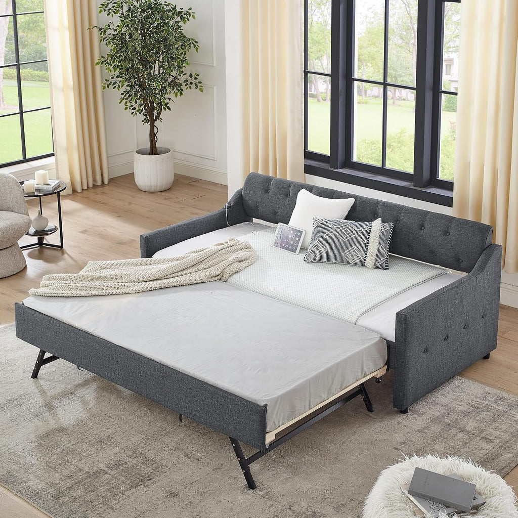 KEIKI Twin Size Upholstery Daybed with Trundle and USB Charging Design, Twin to King Design Mid-Century Extendable Sofa Bed, Easy Assembly, No Box Spring Required, for Living Room, Bedroom, Dark Grey