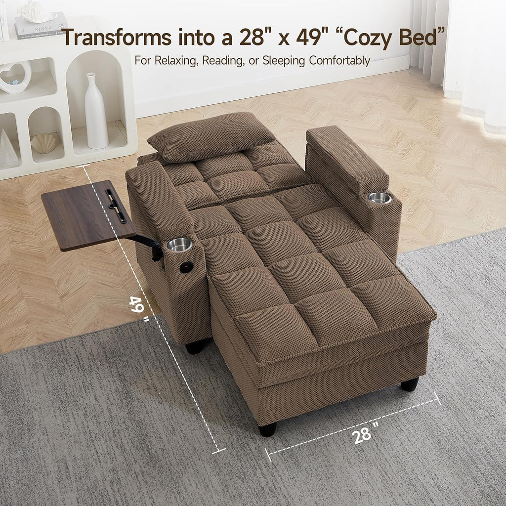 41.7' Chaise Lounge Chair Indoor, Oversized Boucle Upholstered Sofa Bed, Adjustable Backrest Deep Seat Reading Chair, Sofas Couches for Living Room with Storage, Cup Holders & 360° Swivel Side Table