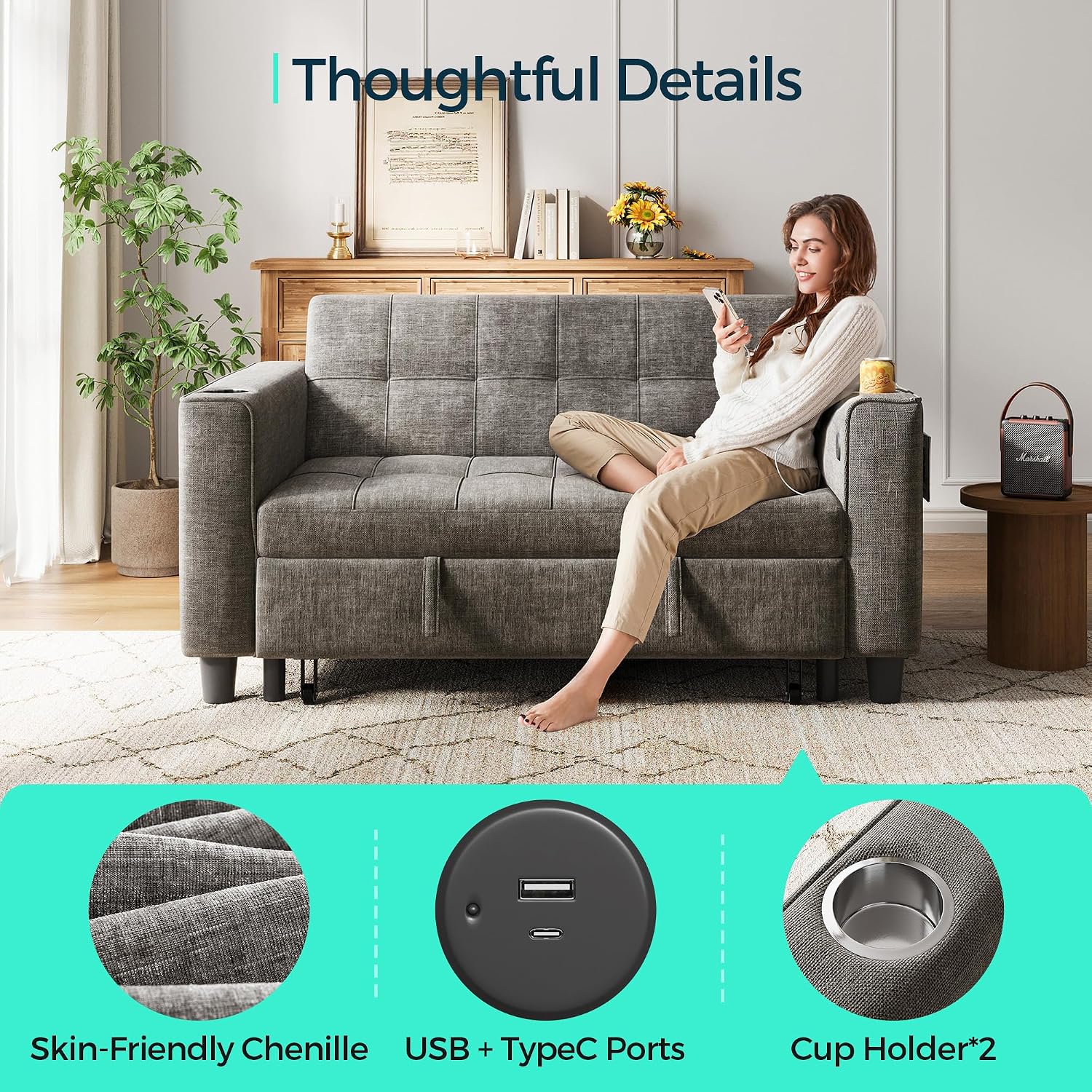 LINSY 3-in-1 Convertible Sofa Bed, 54' Pull Out Sleeper Sofa with Charging Station & Cup Holder, Small Folding Loveseat with Side Pocket for Small Space, Dark Gray