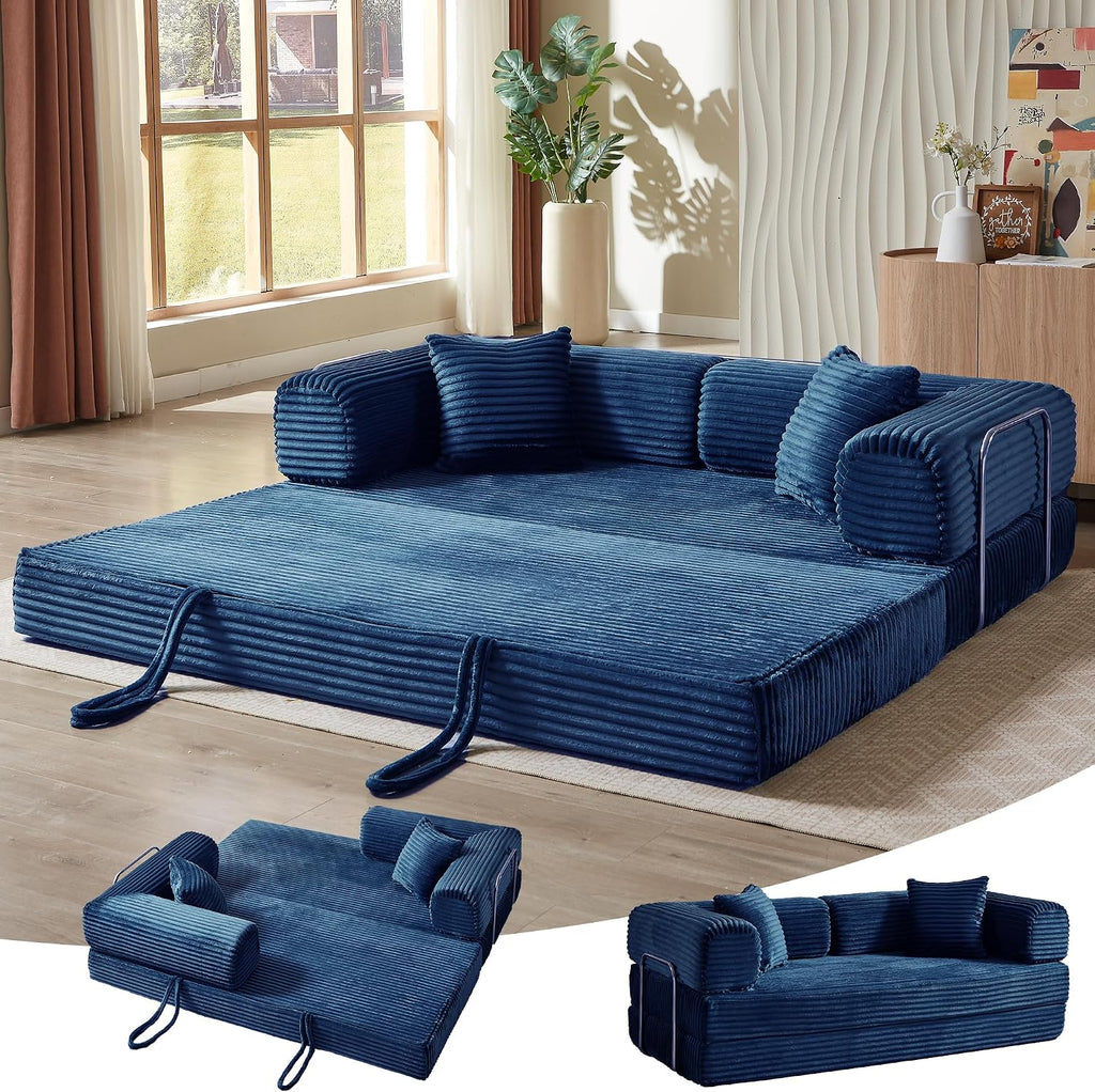 Convertible Folding Sofa Bed,Fold Out Floor Sofa Couch with Fixed-Shape Frame,Corduroy Foldable Mattress Cloud Couch for Living Room Bedroom (Blue, 81 Inch)