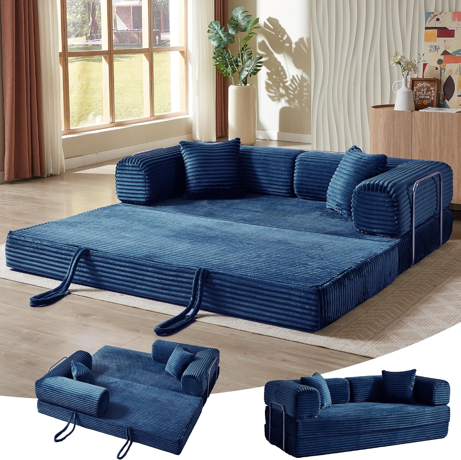 Convertible Folding Sofa Bed,Fold Out Floor Sofa Couch with Fixed-Shape Frame,Corduroy Foldable Mattress Cloud Couch for Living Room Bedroom (Blue, 81 Inch)