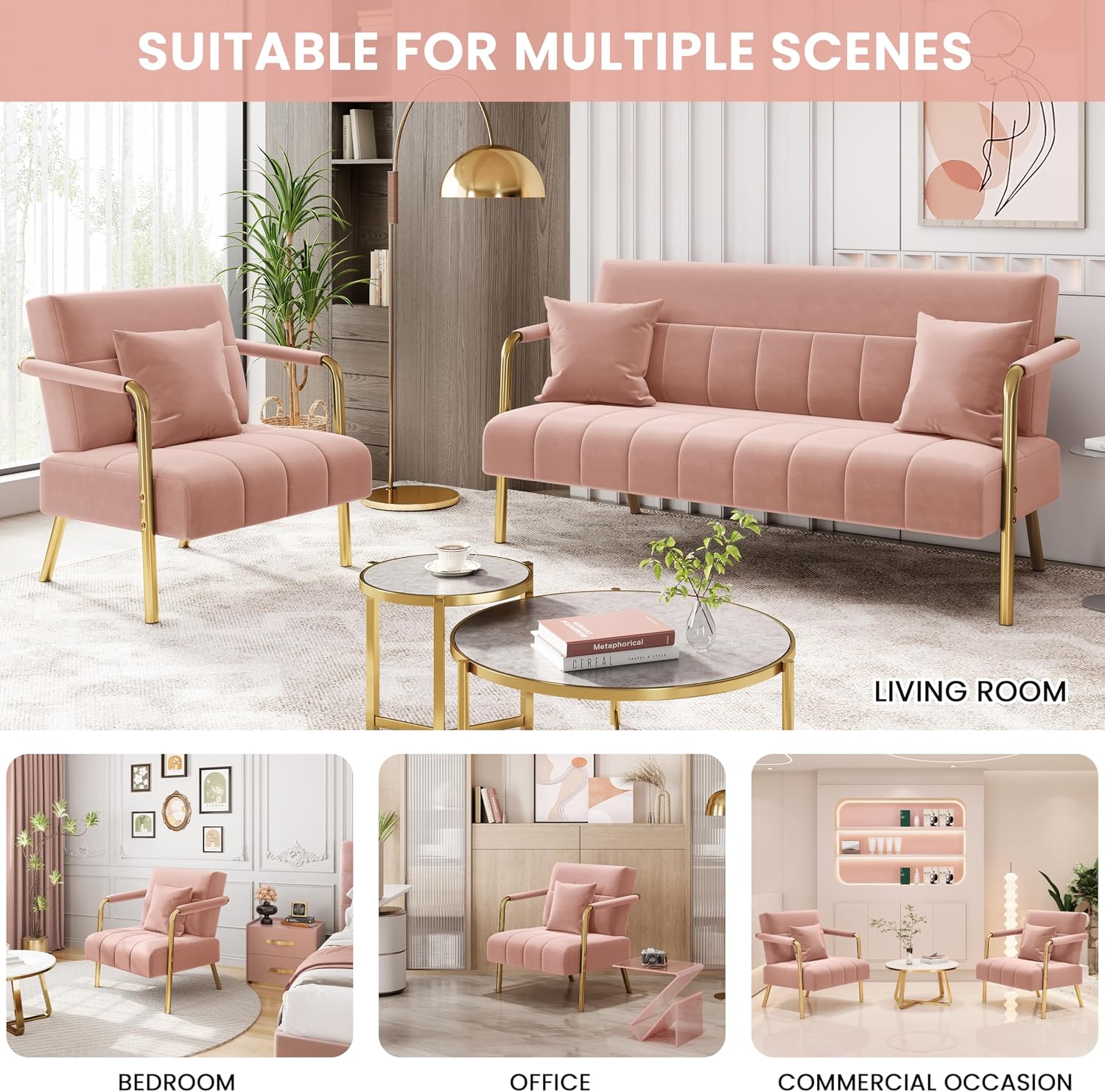 Yaheetech 30' W Modern Sofa Small Sofa Luxurious Velvet Fabric Couch with Gold-Tone Metal Arms and Legs for Living Room, Home Office, Studio Pink