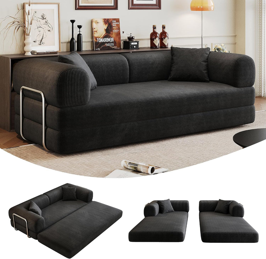 79' Convertible Sofa Bed, Corduroy Folding Pull Out Couch with Pillows, No Assembly Modern Boneless Couch Compression Sofa in Box, Floor Sofa with Support Rods for Living Room,Black