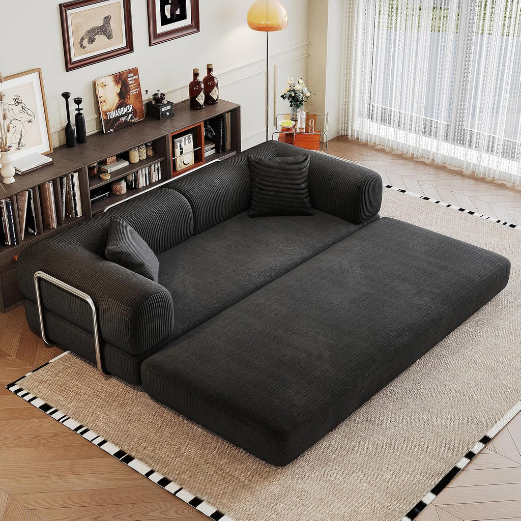 79' Convertible Sofa Bed, Corduroy Folding Pull Out Couch with Pillows, No Assembly Modern Boneless Couch Compression Sofa in Box, Floor Sofa with Support Rods for Living Room,Black