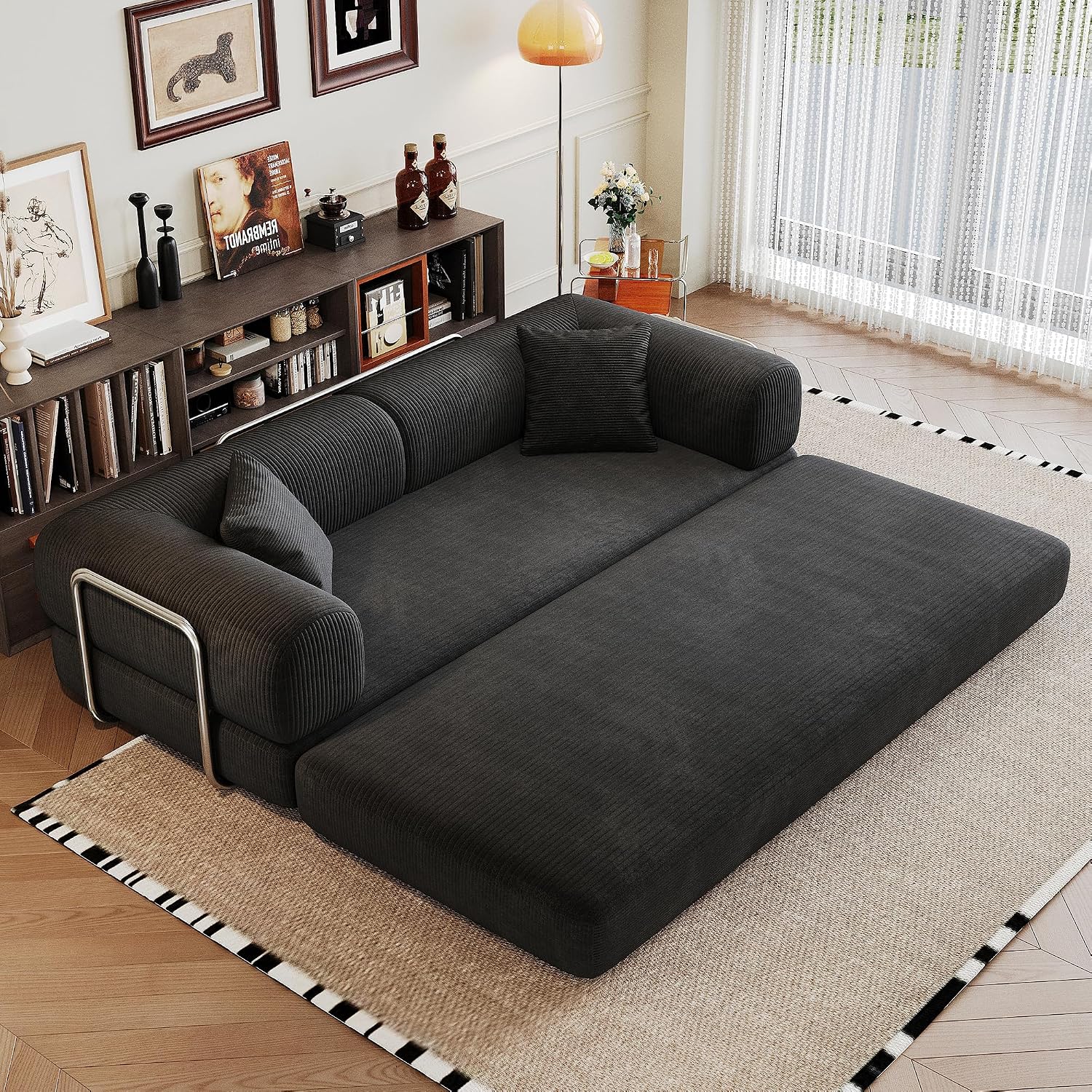 79' Convertible Sofa Bed, Corduroy Folding Pull Out Couch with Pillows, No Assembly Modern Boneless Couch Compression Sofa in Box, Floor Sofa with Support Rods for Living Room,Black