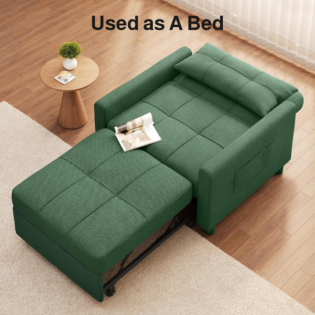 Ahomly Convertible Sleeper Chair Sofa Bed with 3-in-1 Design, Adjustable Backrest, and Storage Pocket for Living Room, Green
