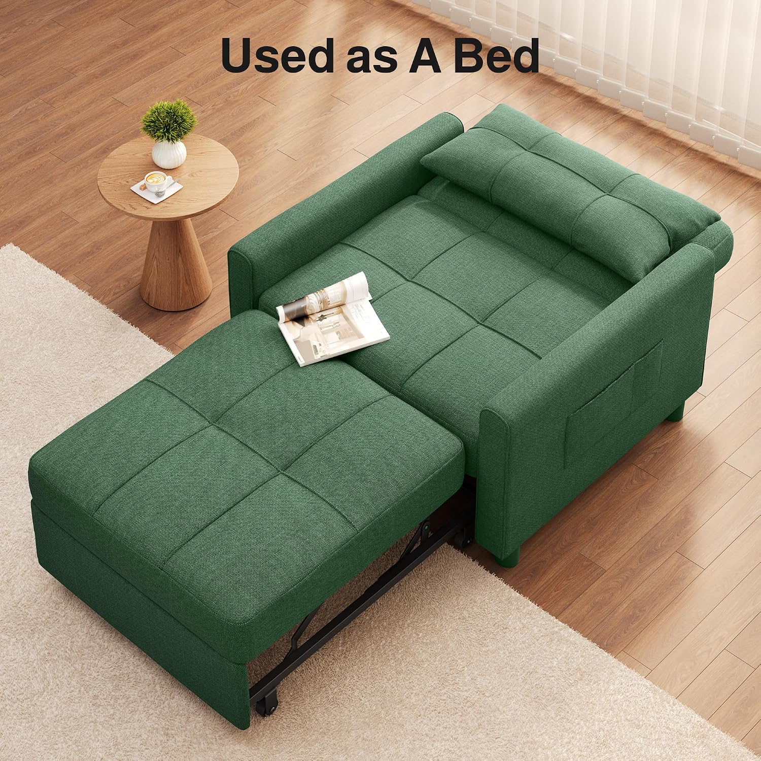 Ahomly Convertible Sleeper Chair Sofa Bed with 3-in-1 Design, Adjustable Backrest, and Storage Pocket for Living Room, Green