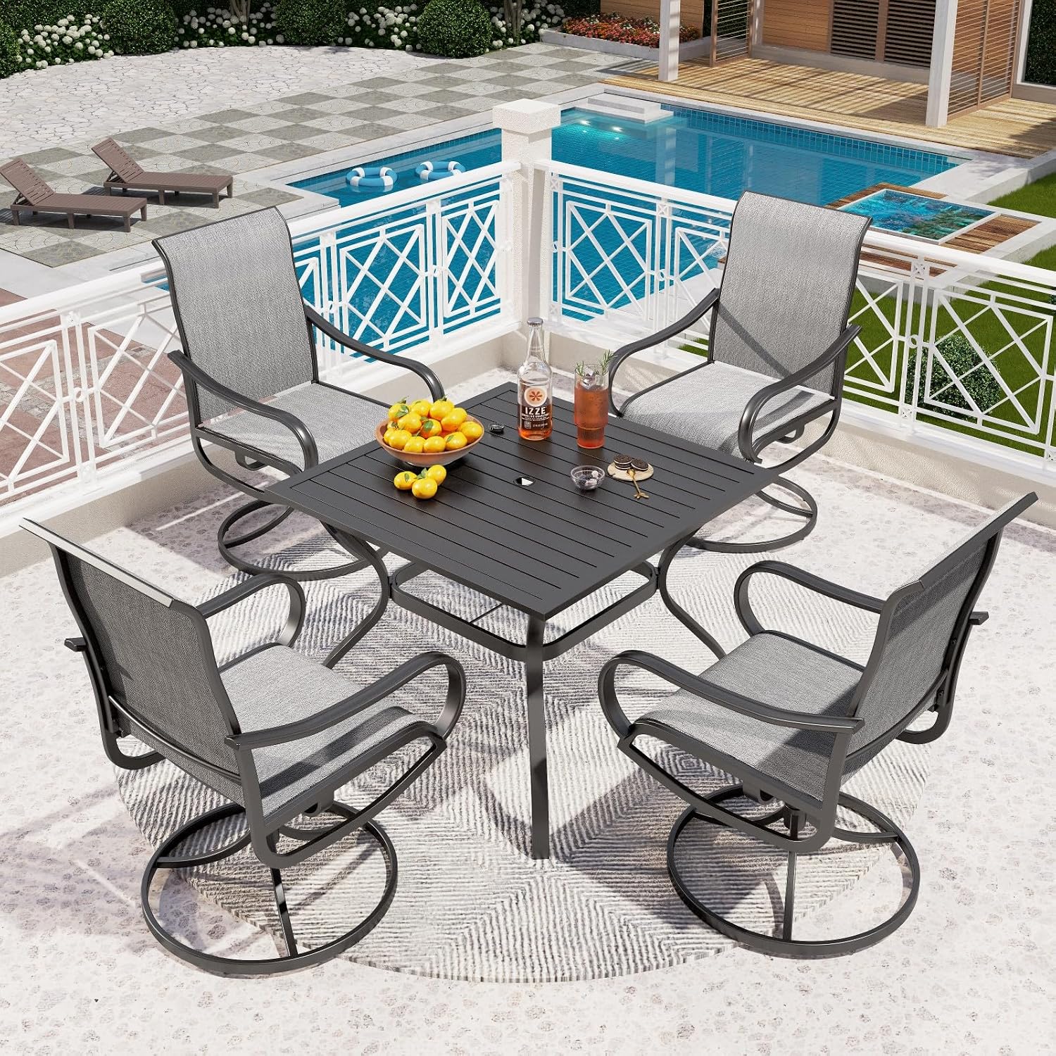 PHI VILLA 5 PCS Patio Dining Set with Outdoor Swivel Dining Chairs (Gray) and 37'x 37' Metal Steel Dining Table, All Weather Patio Dining Furniture Set for Poolside Deck Lawn Garden