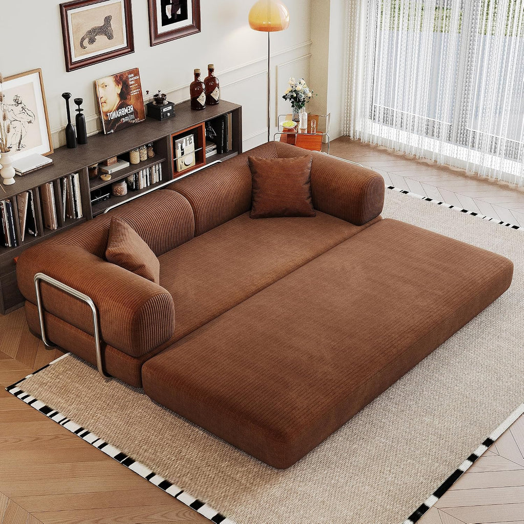 79' Convertible Sofa Bed, Corduroy Folding Pull Out Couch with Pillows, No Assembly Modern Boneless Couch Compression Sofa in Box, Floor Sofa with Support Rods for Living Room,Brown